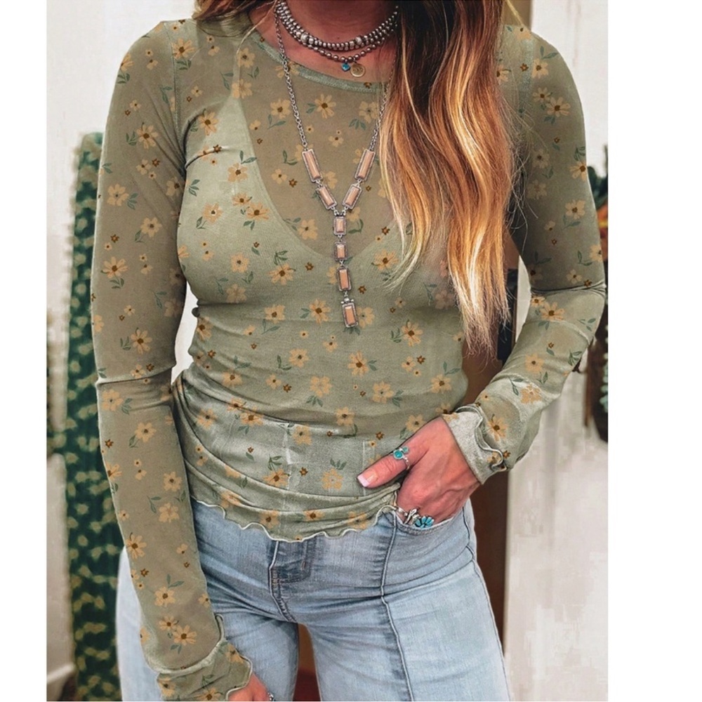 Boho Green Floral Print Semi Sheer Top S M L XL